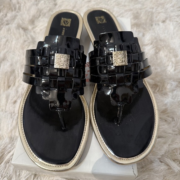 Anne Klein Shoes - Anne Klein IFlex Woven Patent Slide Sandals Womens 10 Black Gold Logo Mule Wedge